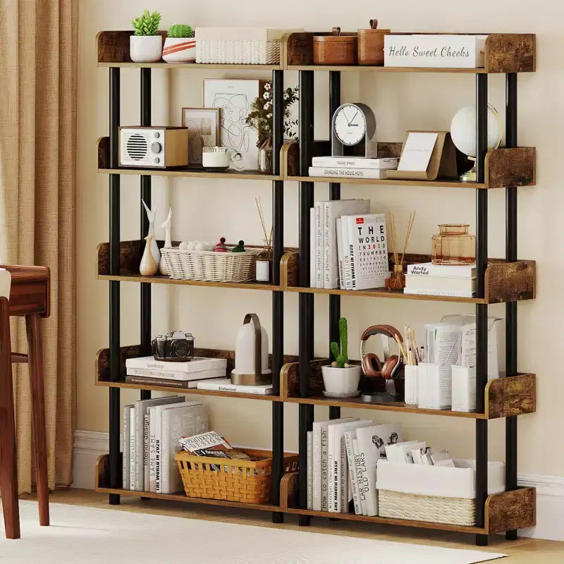 Costway 1/2 PCS 5-Tier Bookshelf, Open Bookcase with Anti-Tipping Kit, Storage Unit for Living Room Black/Rustic Brown & Black
