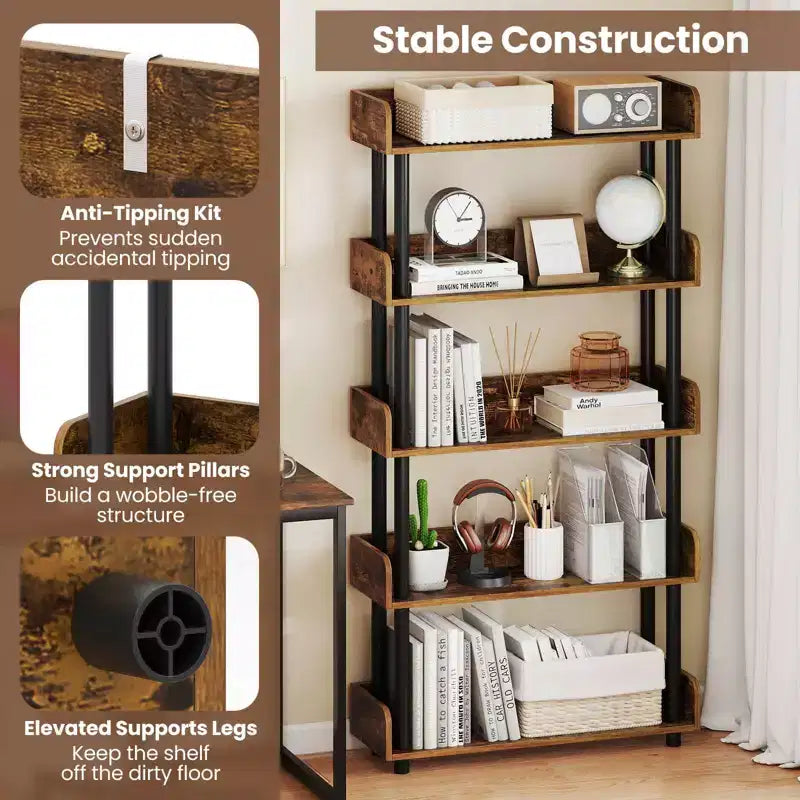 Costway 1/2 PCS 5-Tier Bookshelf, Open Bookcase with Anti-Tipping Kit, Storage Unit for Living Room Black/Rustic Brown & Black