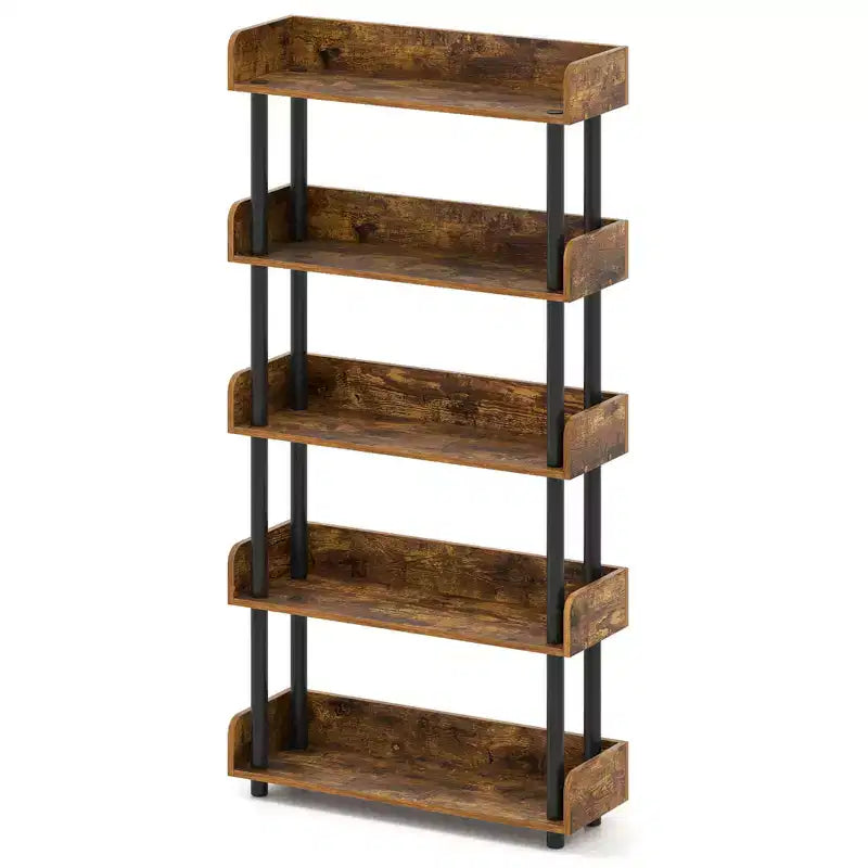 Costway 1/2 PCS 5-Tier Bookshelf, Open Bookcase with Anti-Tipping Kit, Storage Unit for Living Room Black/Rustic Brown & Black