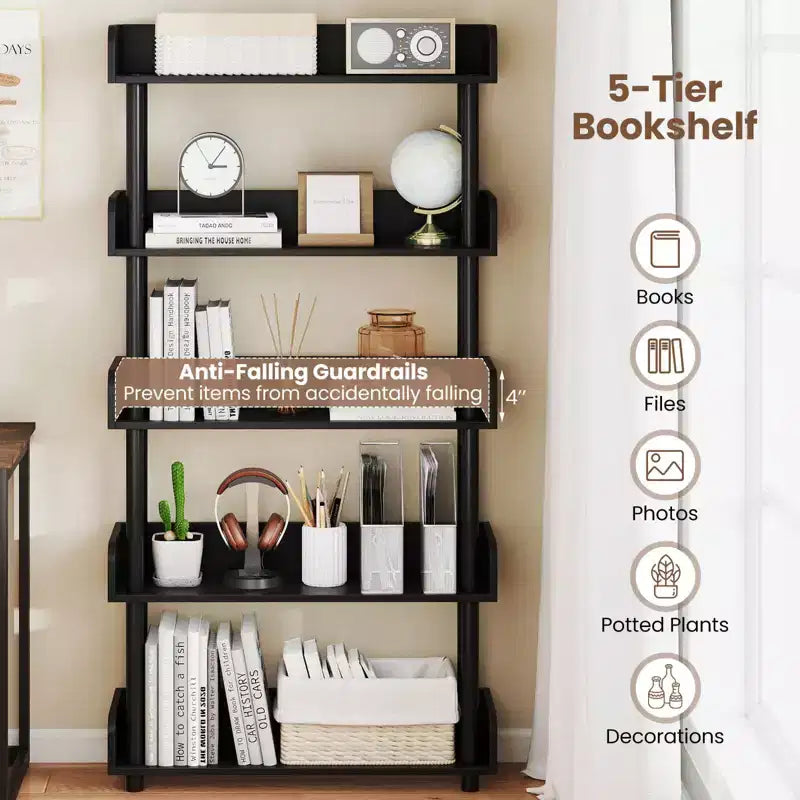 Costway 1/2 PCS 5-Tier Bookshelf, Open Bookcase with Anti-Tipping Kit, Storage Unit for Living Room Black/Rustic Brown & Black