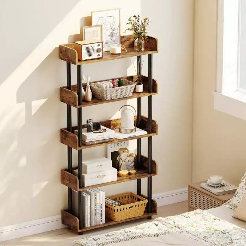 Costway 1/2 PCS 5-Tier Bookshelf, Open Bookcase with Anti-Tipping Kit, Storage Unit for Living Room Black/Rustic Brown & Black