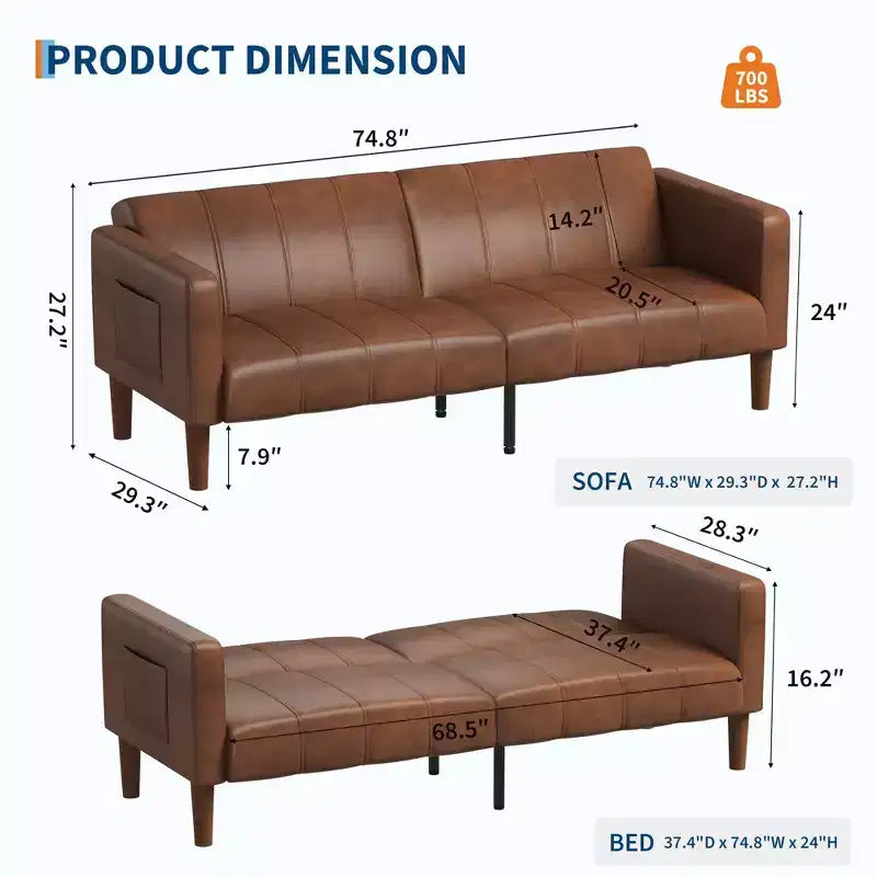 Divano letto futon da 190 cm, Divano letto trasformabile, Divano piccolo in similpelle, Divanetto, Divano moderno di metà secolo per soggiorno, camera da letto