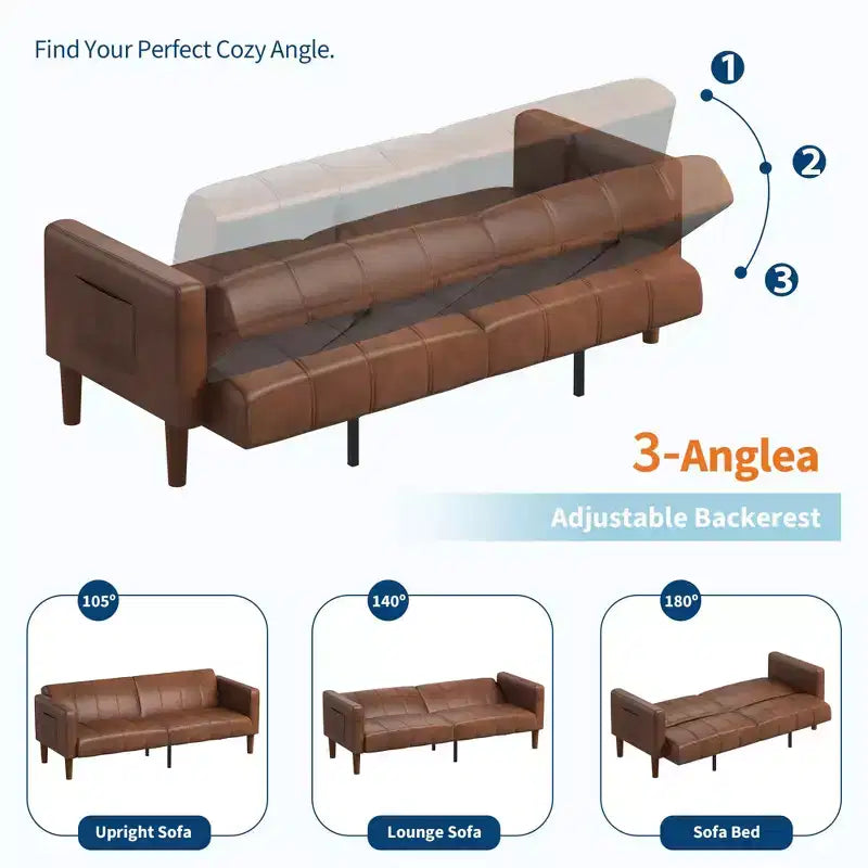 Divano letto futon da 190 cm, Divano letto trasformabile, Divano piccolo in similpelle, Divanetto, Divano moderno di metà secolo per soggiorno, camera da letto