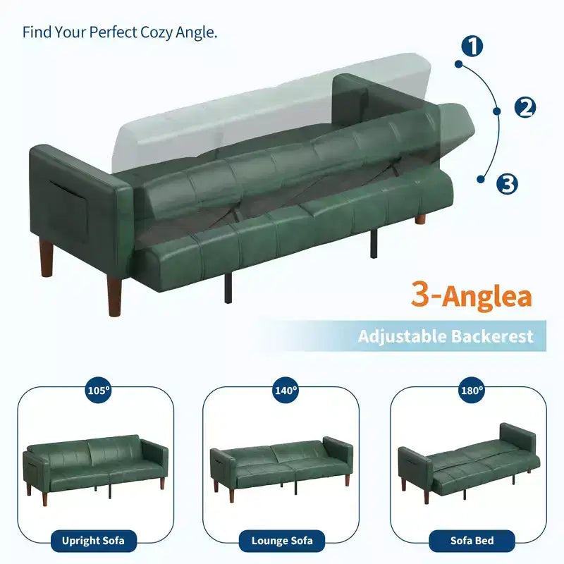 Divano letto futon da 190 cm, Divano letto trasformabile, Divano piccolo in similpelle, Divanetto, Divano moderno di metà secolo per soggiorno, camera da letto