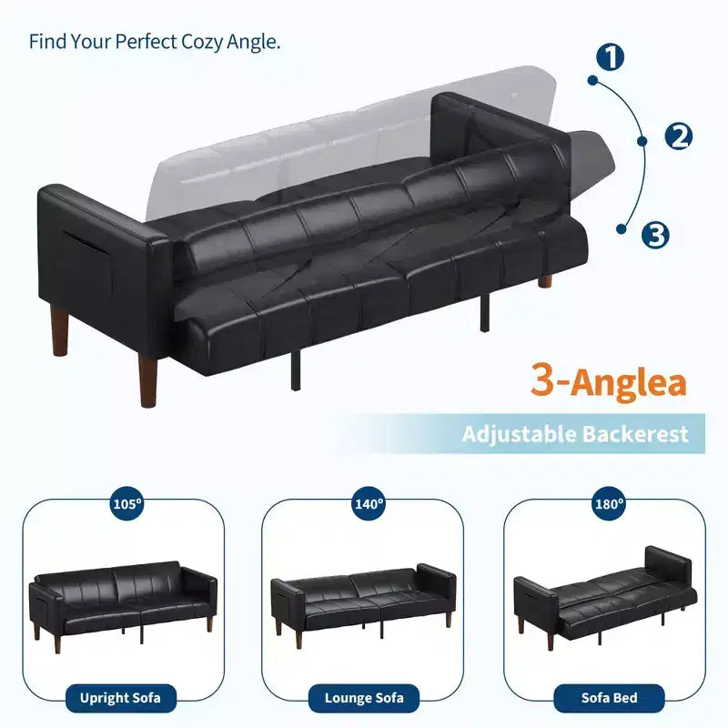 Divano letto futon da 190 cm, Divano letto trasformabile, Divano piccolo in similpelle, Divanetto, Divano moderno di metà secolo per soggiorno, camera da letto
