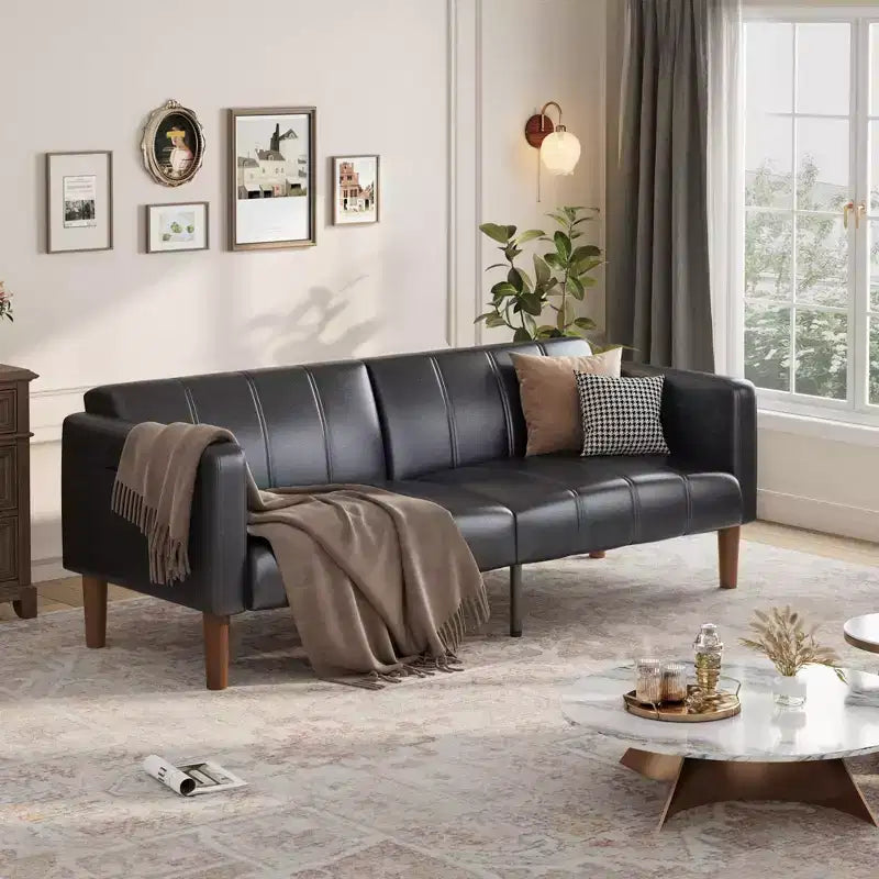 75 in Futon Sofa Bed, Convertible Sleeper, Faux Leather Small Couch, Loveseat, Mid-Century Modern Couch for Living Room, Bedroom