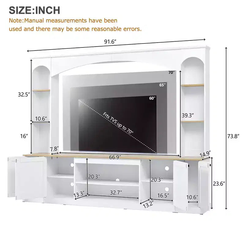 Whisen 91 Media Console, Arched Entertainment Center Wall Unit, Farmhouse TV Stand with Bookshelf, Wood Grain for TVs Up to 70