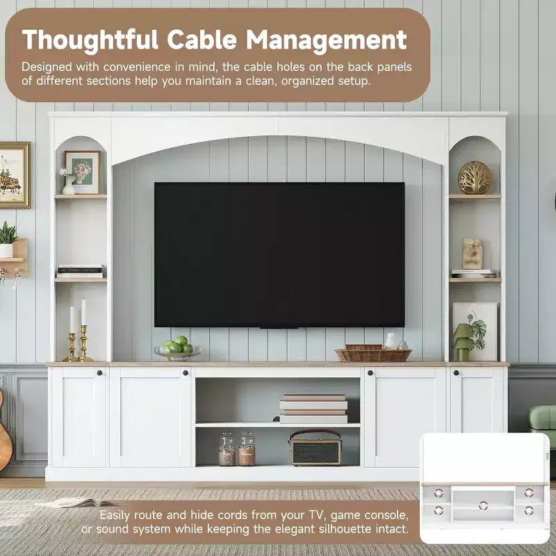 Whisen 91 Media Console, Arched Entertainment Center Wall Unit, Farmhouse TV Stand with Bookshelf, Wood Grain for TVs Up to 70