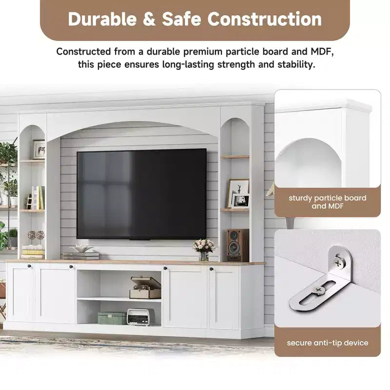Whisen 91 Media Console, Arched Entertainment Center Wall Unit, Farmhouse TV Stand with Bookshelf, Wood Grain for TVs Up to 70