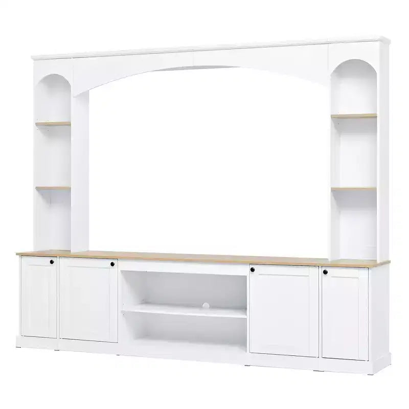 Whisen 91 Media Console, Arched Entertainment Center Wall Unit, Farmhouse TV Stand with Bookshelf, Wood Grain for TVs Up to 70