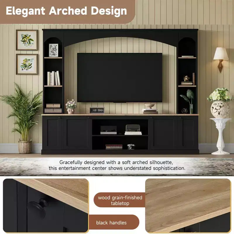 Whisen 91 Media Console, Arched Entertainment Center Wall Unit, Farmhouse TV Stand with Bookshelf, Wood Grain for TVs Up to 70
