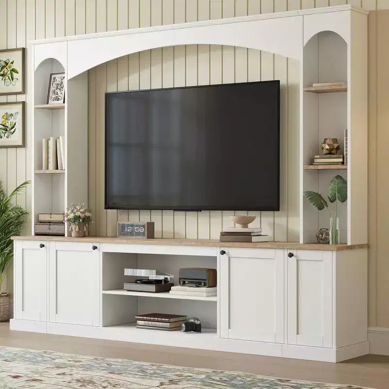 Whisen 91 Media Console, Arched Entertainment Center Wall Unit, Farmhouse TV Stand with Bookshelf, Wood Grain for TVs Up to 70