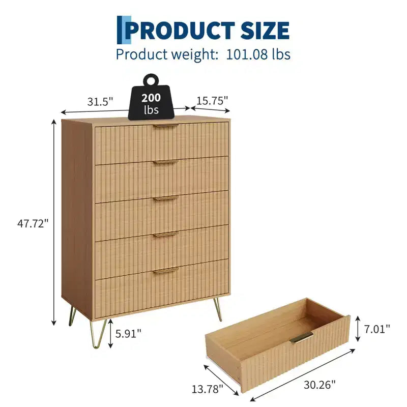 Cassettiera scanalata con 5 cassetti, cassettiera moderna in legno da 81 cm con maniglia in metallo, organizer per soggiorno, camera da letto, corridoio
