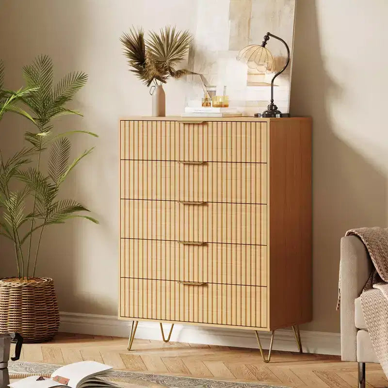 Cassettiera scanalata con 5 cassetti, cassettiera moderna in legno da 81 cm con maniglia in metallo, organizer per soggiorno, camera da letto, corridoio