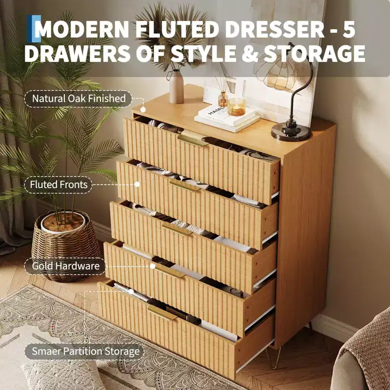 Cassettiera scanalata con 5 cassetti, cassettiera moderna in legno da 81 cm con maniglia in metallo, organizer per soggiorno, camera da letto, corridoio
