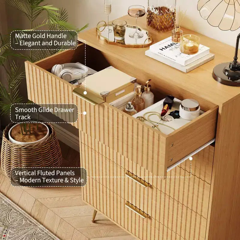 Cassettiera scanalata con 5 cassetti, cassettiera moderna in legno da 81 cm con maniglia in metallo, organizer per soggiorno, camera da letto, corridoio