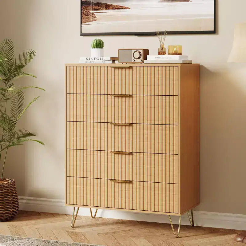 Cassettiera scanalata con 5 cassetti, cassettiera moderna in legno da 81 cm con maniglia in metallo, organizer per soggiorno, camera da letto, corridoio