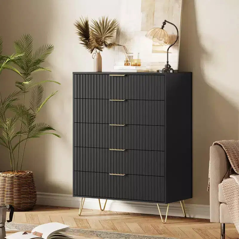 Cassettiera scanalata con 5 cassetti, cassettiera moderna in legno da 81 cm con maniglia in metallo, organizer per soggiorno, camera da letto, corridoio