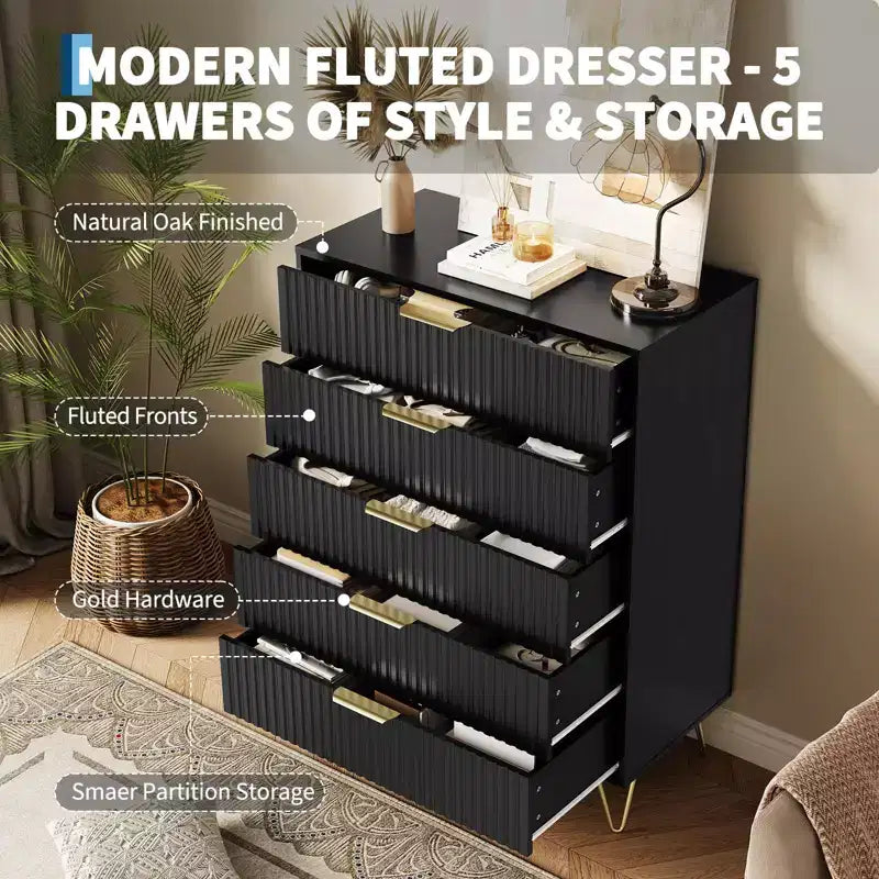 Cassettiera scanalata con 5 cassetti, cassettiera moderna in legno da 81 cm con maniglia in metallo, organizer per soggiorno, camera da letto, corridoio