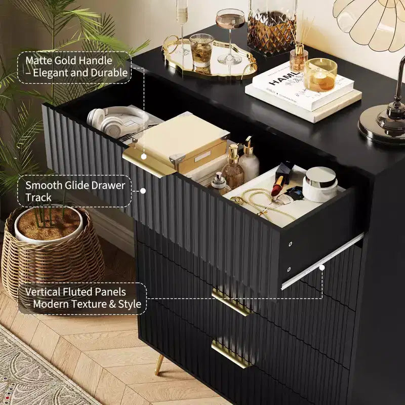 Cassettiera scanalata con 5 cassetti, cassettiera moderna in legno da 81 cm con maniglia in metallo, organizer per soggiorno, camera da letto, corridoio
