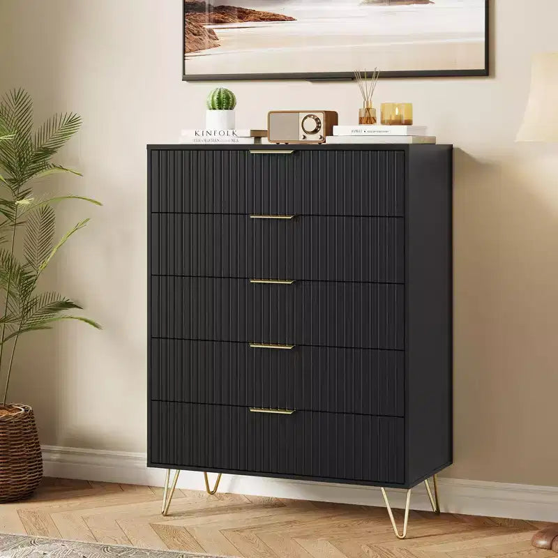 Cassettiera scanalata con 5 cassetti, cassettiera moderna in legno da 81 cm con maniglia in metallo, organizer per soggiorno, camera da letto, corridoio
