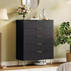 Fluted Dresser with 5 Drawers, 32 Wide Modern Chest of Wooden Drawers with Metal Handle, Storage Organizer for Living Room Bedroom Hallway