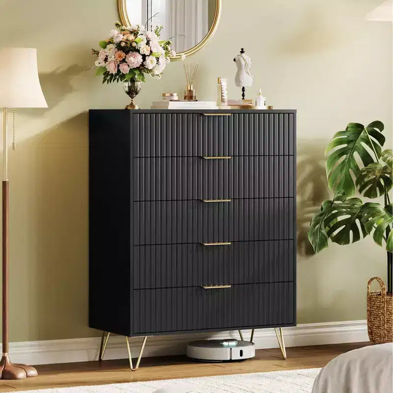 Fluted Dresser with 5 Drawers, 32 Wide Modern Chest of Wooden Drawers with Metal Handle, Storage Organizer for Living Room Bedroom Hallway