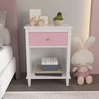 26.77''H Wooden Nightstand with One Drawer One Shelf for Kids, Adults, Pink+Golden handle