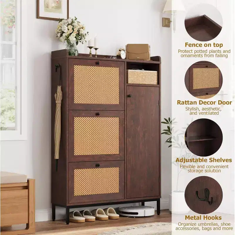 Scarpiera a 4 ripiani in rattan con 3 cassetti a ribalta, Organizer per scarpe autoportante con ripiani regolabili per ingresso, cabina armadio, corridoio
