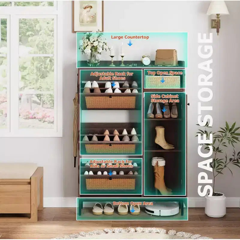 Scarpiera a 4 ripiani in rattan con 3 cassetti a ribalta, Organizer per scarpe autoportante con ripiani regolabili per ingresso, cabina armadio, corridoio