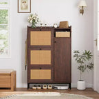 Scarpiera a 4 ripiani in rattan con 3 cassetti a ribalta, Organizer per scarpe autoportante con ripiani regolabili per ingresso, cabina armadio, corridoio