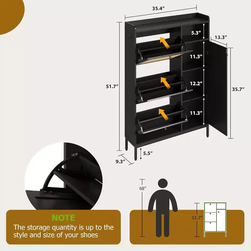 Scarpiera a 4 ripiani in rattan con 3 cassetti a ribalta, Organizer per scarpe autoportante con ripiani regolabili per ingresso, cabina armadio, corridoio