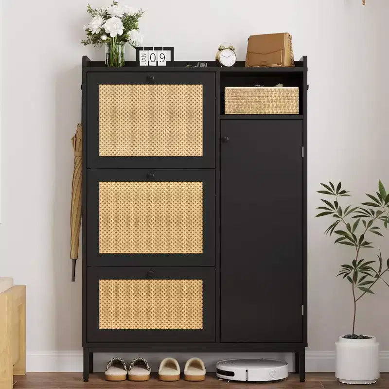 Scarpiera a 4 ripiani in rattan con 3 cassetti a ribalta, Organizer per scarpe autoportante con ripiani regolabili per ingresso, cabina armadio, corridoio