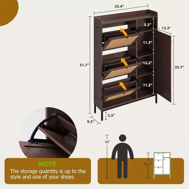 Scarpiera a 4 ripiani in rattan con 3 cassetti a ribalta, Organizer per scarpe autoportante con ripiani regolabili per ingresso, cabina armadio, corridoio