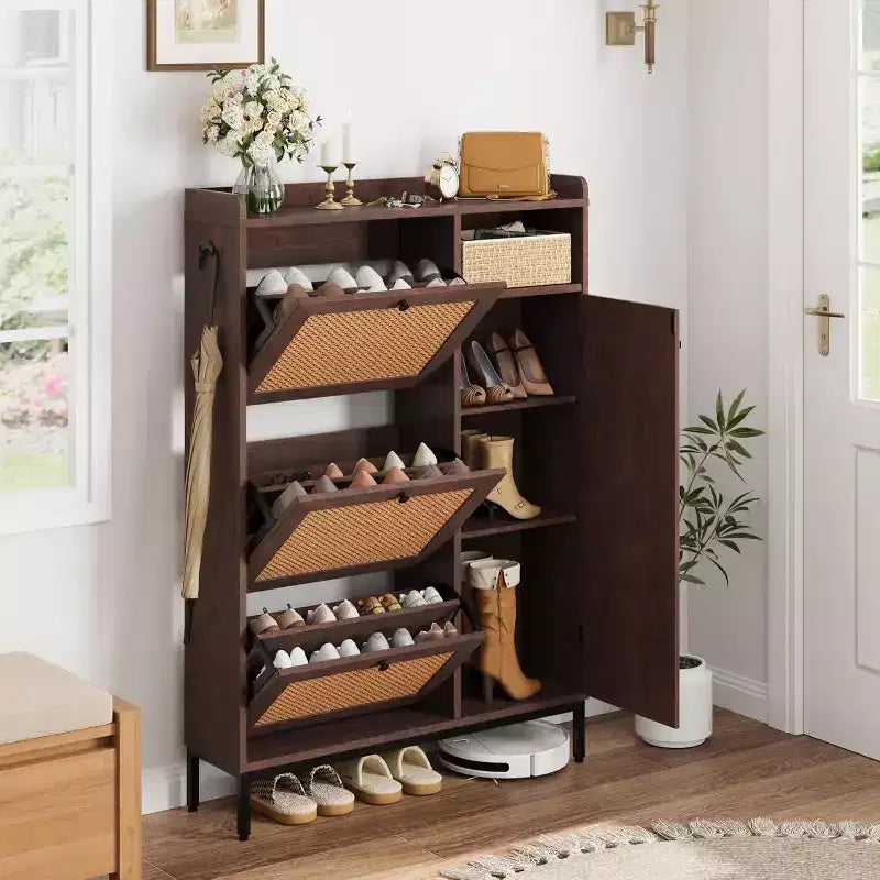 4-Tier Rattan Shoe Storage Cabinet with 3 Flip Drawers, Freestanding Shoe Organizer with Adjustable Shelves for Entryway, Closet, Hallway