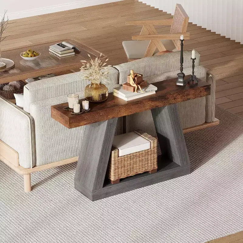 Console Table with Open Shelf, 2-Tier Wooden Sofa Table for Entryway, Hallway & Living Room - Trapezium Design Entryway Furniture