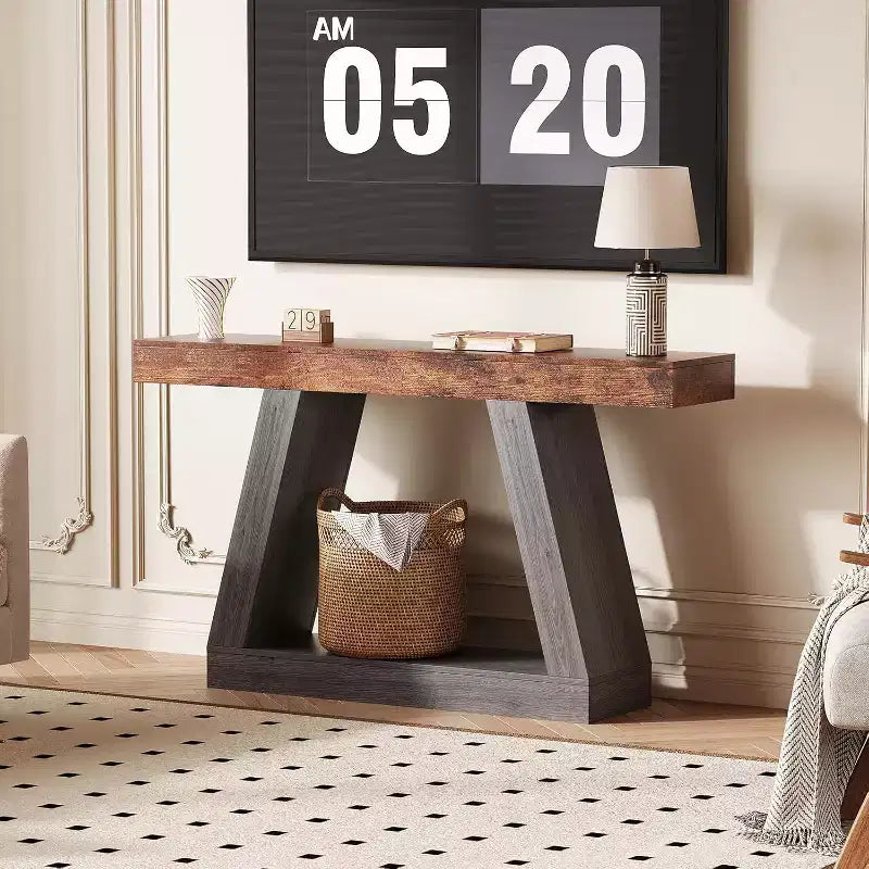 Console Table with Open Shelf, 2-Tier Wooden Sofa Table for Entryway, Hallway & Living Room - Trapezium Design Entryway Furniture