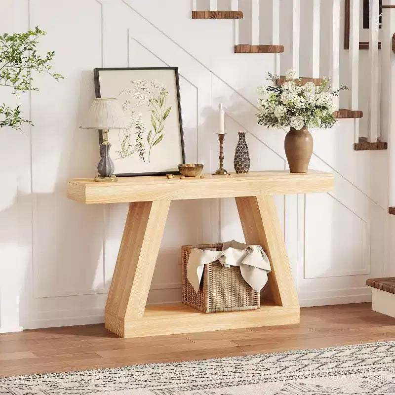 Console Table with Open Shelf, 2-Tier Wooden Sofa Table for Entryway, Hallway & Living Room - Trapezium Design Entryway Furniture