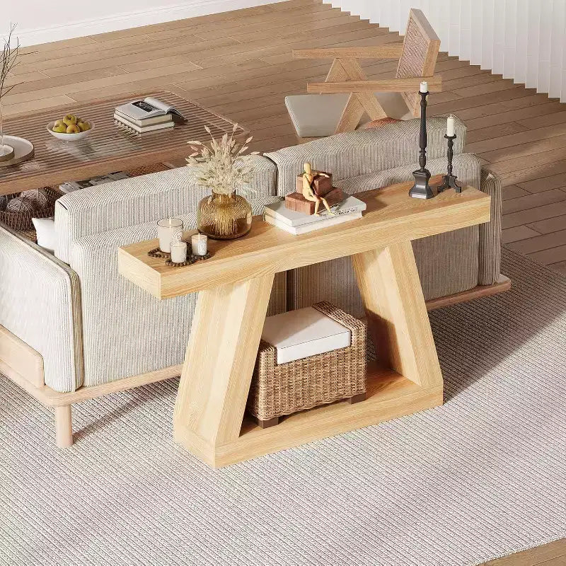 Console Table with Open Shelf, 2-Tier Wooden Sofa Table for Entryway, Hallway & Living Room - Trapezium Design Entryway Furniture