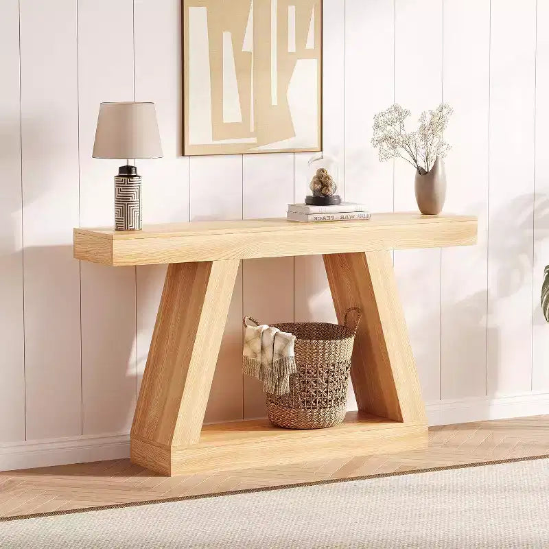 Console Table with Open Shelf, 2-Tier Wooden Sofa Table for Entryway, Hallway & Living Room - Trapezium Design Entryway Furniture
