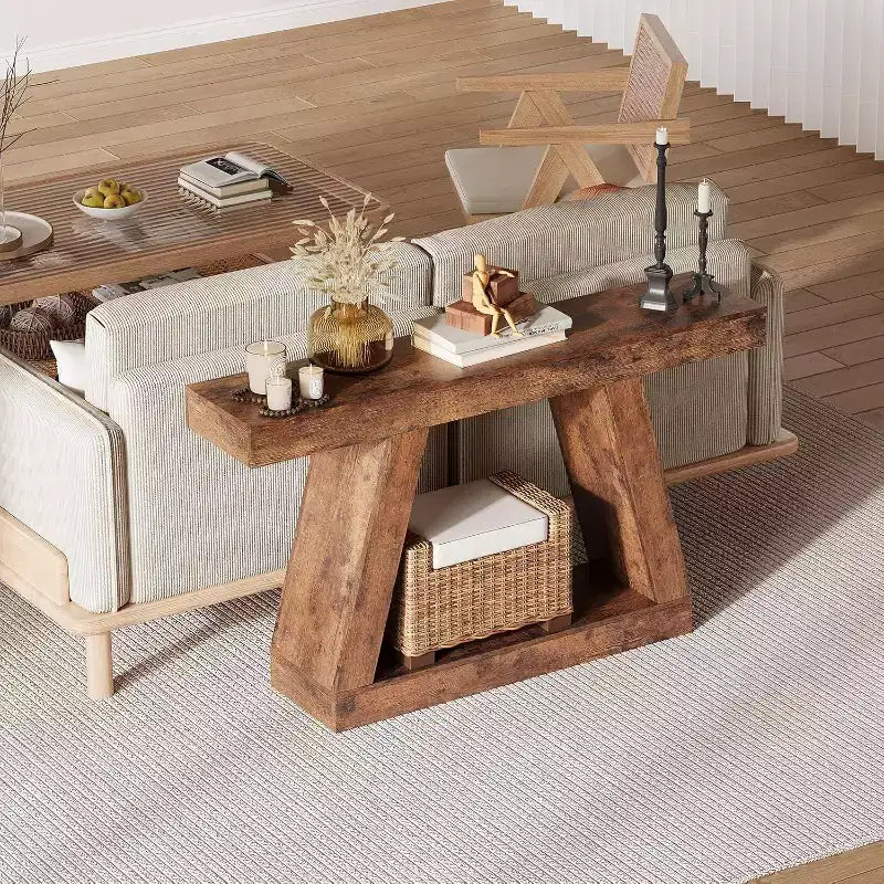 Console Table with Open Shelf, 2-Tier Wooden Sofa Table for Entryway, Hallway & Living Room - Trapezium Design Entryway Furniture