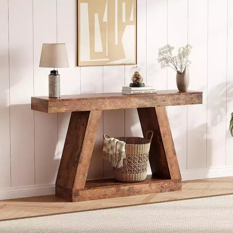 Console Table with Open Shelf, 2-Tier Wooden Sofa Table for Entryway, Hallway & Living Room - Trapezium Design Entryway Furniture