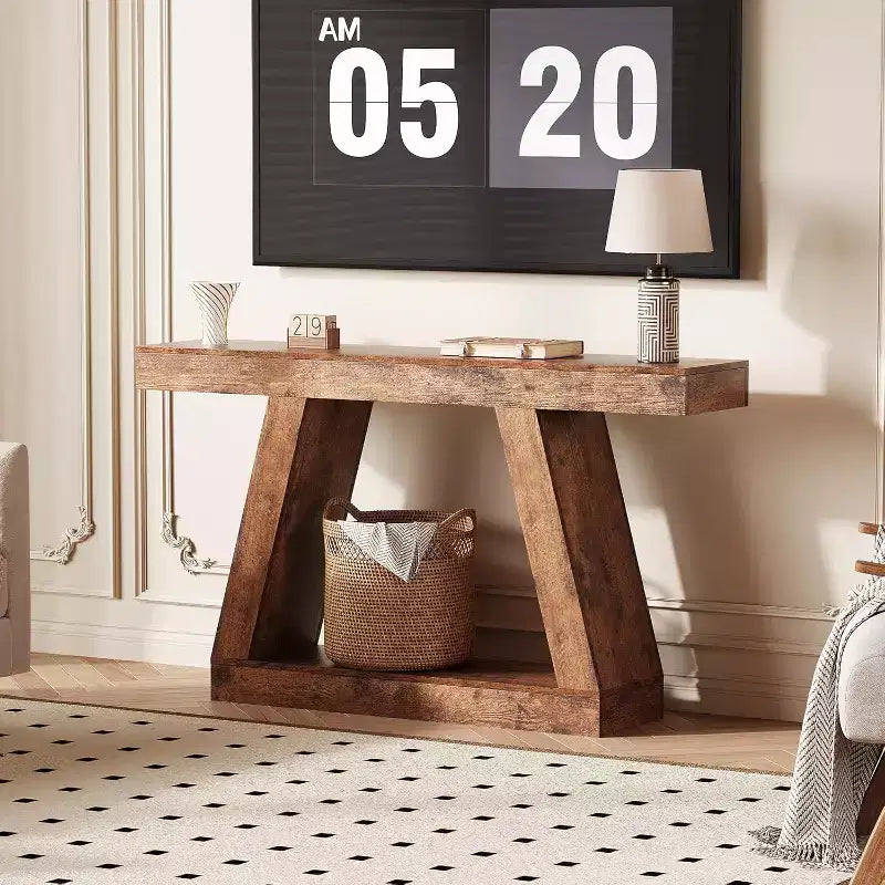 Console Table with Open Shelf, 2-Tier Wooden Sofa Table for Entryway, Hallway & Living Room - Trapezium Design Entryway Furniture