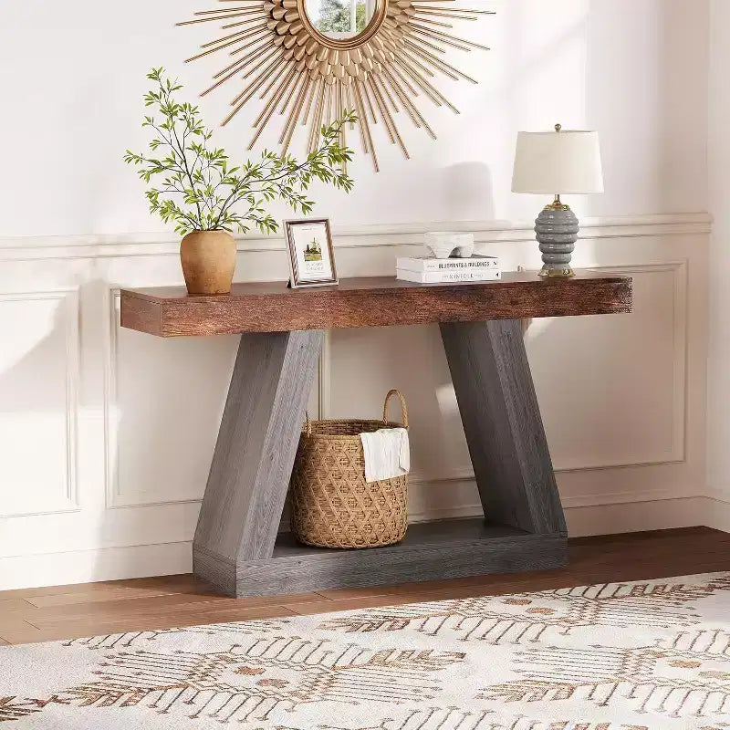 Console Table with Open Shelf, 2-Tier Wooden Sofa Table for Entryway, Hallway & Living Room - Trapezium Design Entryway Furniture