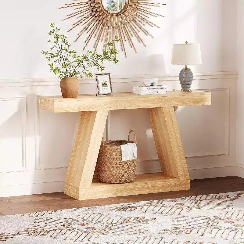 Console Table with Open Shelf, 2-Tier Wooden Sofa Table for Entryway, Hallway & Living Room - Trapezium Design Entryway Furniture