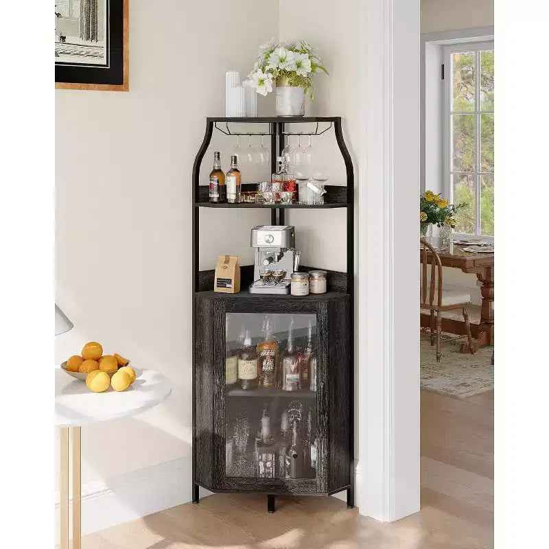68 Inch Corner Bar Cabinet,5-Tier Industrial Wine Cabinet,Strip & Glass Holder for Small Space,12-Color, Tempered Glass Door for Kitchen,Living Room