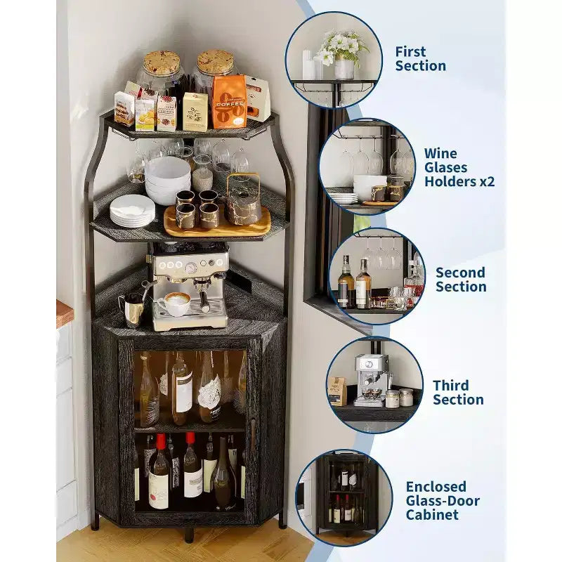 68 Inch Corner Bar Cabinet,5-Tier Industrial Wine Cabinet,Strip & Glass Holder for Small Space,12-Color, Tempered Glass Door for Kitchen,Living Room