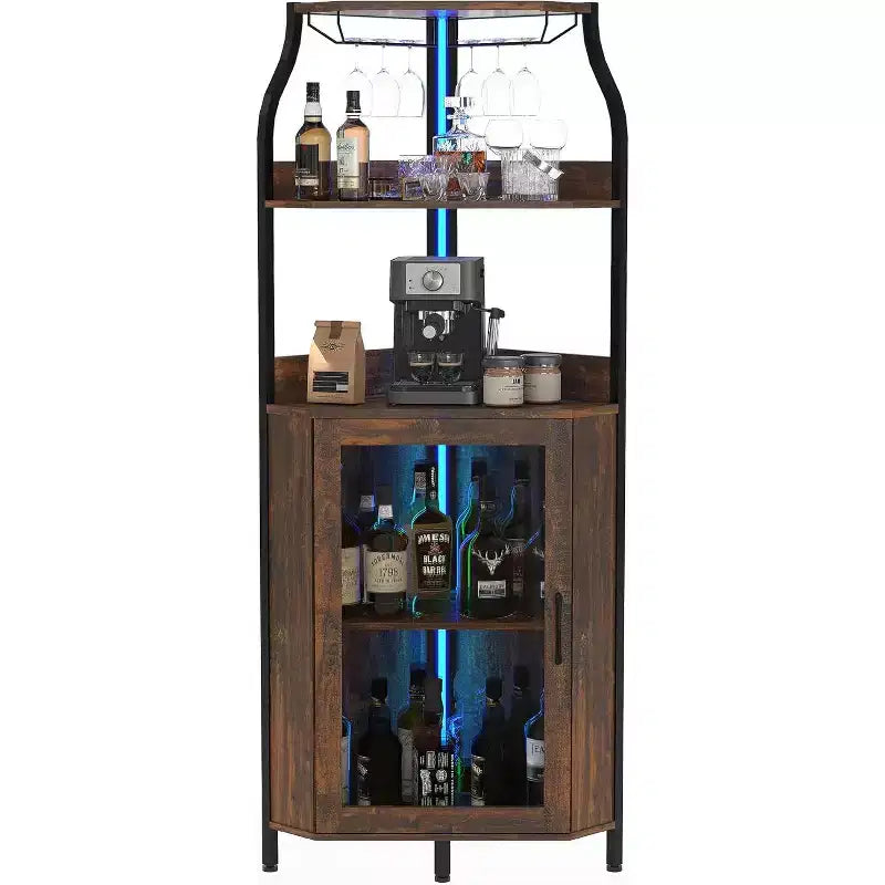 68 Inch Corner Bar Cabinet,5-Tier Industrial Wine Cabinet,Strip & Glass Holder for Small Space,12-Color, Tempered Glass Door for Kitchen,Living Room