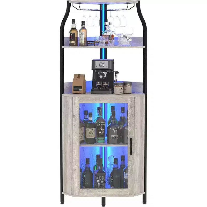 68 Inch Corner Bar Cabinet,5-Tier Industrial Wine Cabinet,Strip & Glass Holder for Small Space,12-Color, Tempered Glass Door for Kitchen,Living Room