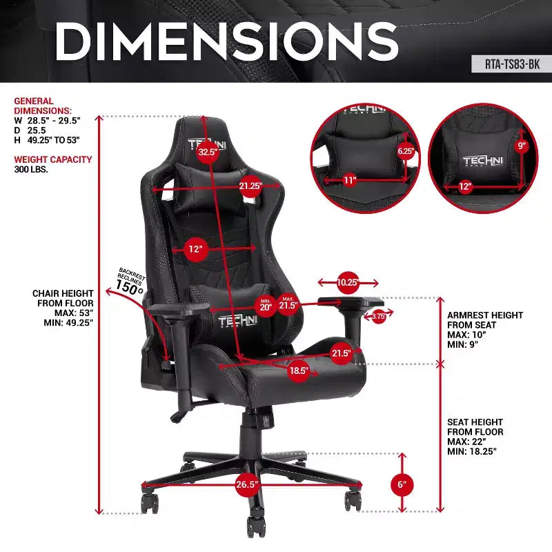 Sedia da gaming ergonomica regolabile TUYOHW, sedia da ufficio girevole a 360° con poggiatesta e cuscino lombare, sedia reclinabile 90-150 per ufficio e casa, max 136 kg, nera